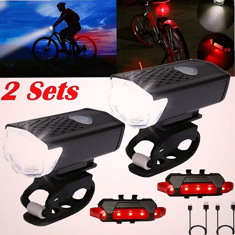 2 Set USB Rechargeable LED Bicycle Headlight Bike Front Rear Light Cycling Lamp