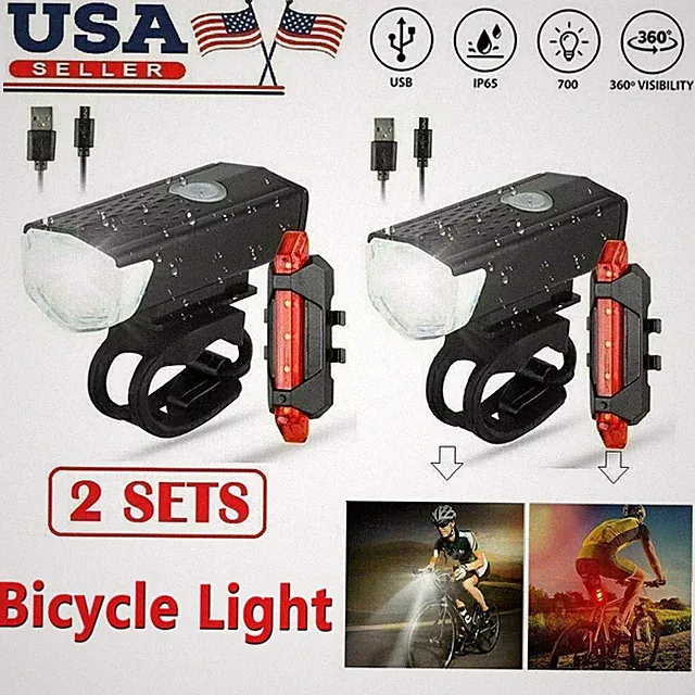 2 Sets USB Rechargeable LED Bicycle Headlight Bike Front Rear Lamp Cycling Sport