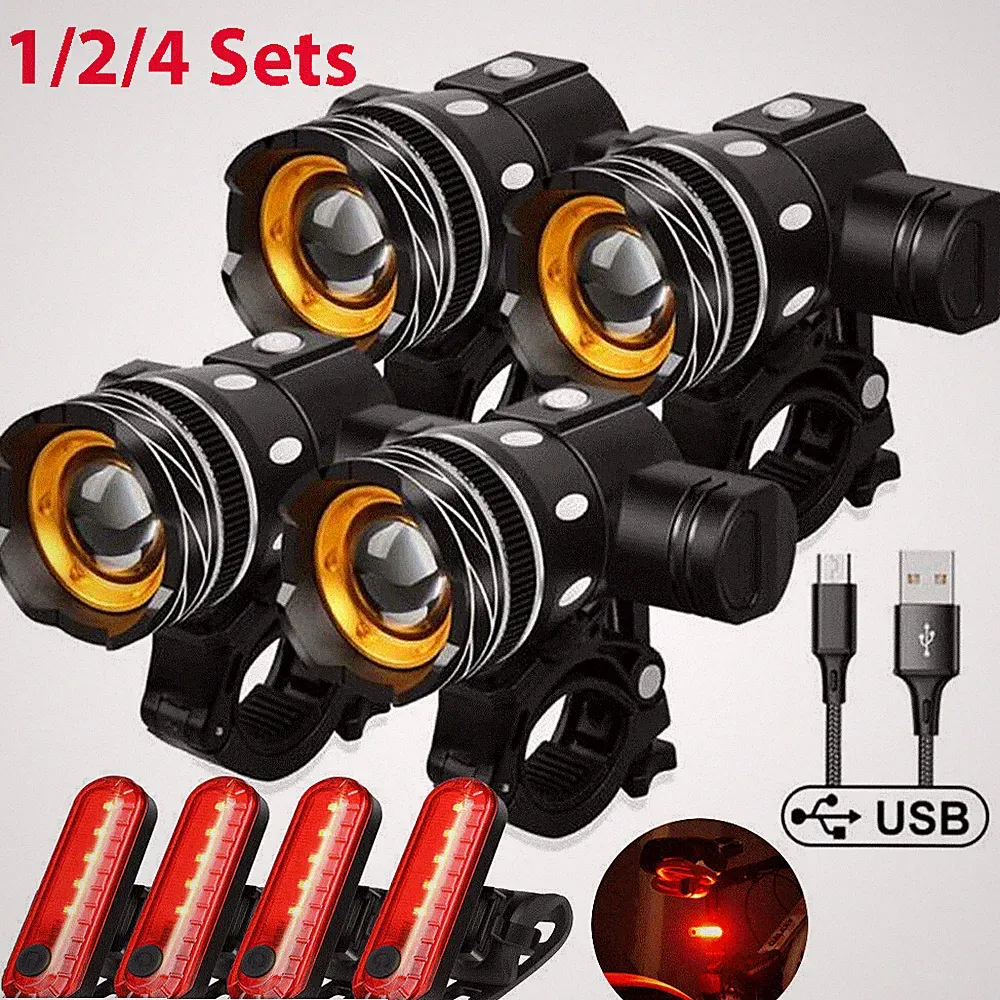 Sets USB Rechargeable LED Bicycle Headlight Bike Front Rear Lamp Cycling Light